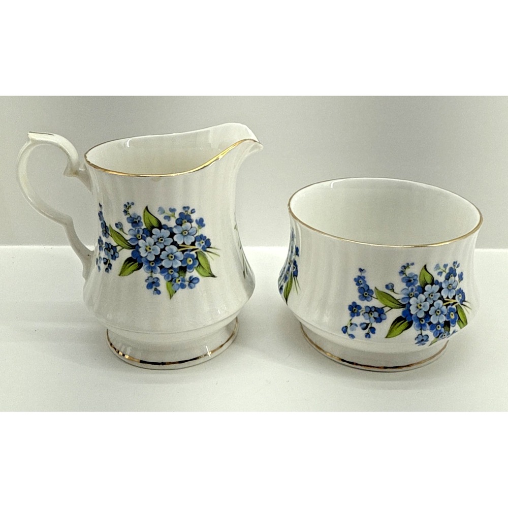 Royal Windsor Fine Bone China Creamer & Sugar Set Blue Floral England Vintage